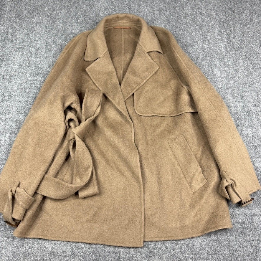 The Curated Trench Coat Women Large Camel Wool Cashmere Belted Short Tan — image 2 of 8